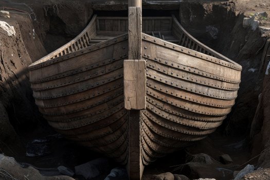 Render of the oak hull lines of the excavated Gokstad ship showing clinker strakes and mast step