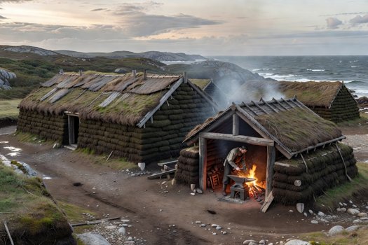 Render of reconstructed sod-walled Norse longhouses and iron forge at L'Anse aux Meadows